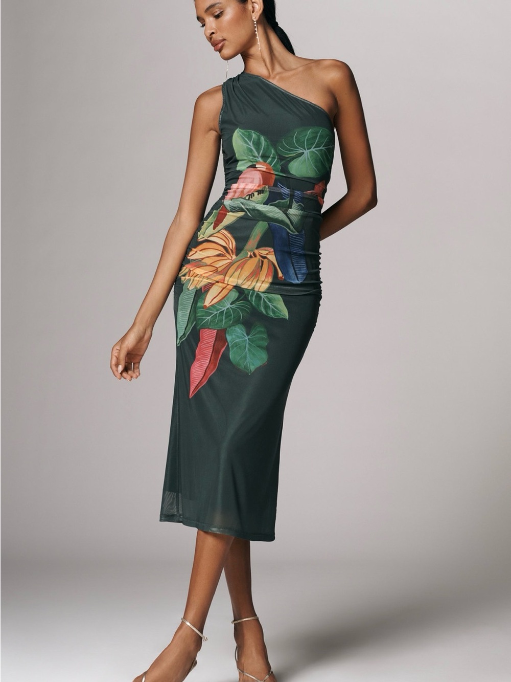 FARM Rio One-Shoulder Dark Green Tropical Floral Midi Dress